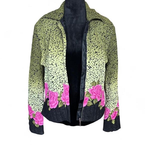 Quilted Green Pink Floral Jacket Wearable Art Bright Print Puff Texture Zip Up - Picture 6 of 8